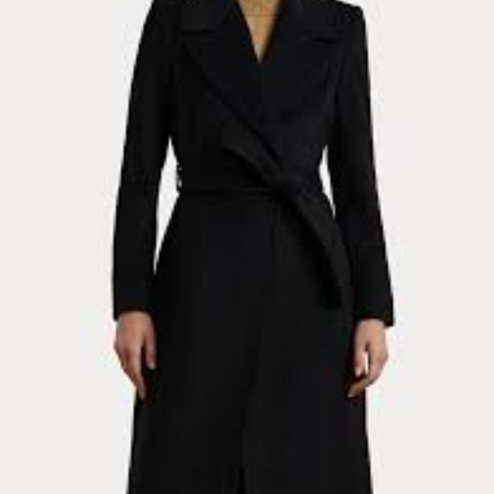 Lauren Ralph Lauren Black Wool Blend Belted Trench Coat Full Length Size 18 - Picture 15 of 16